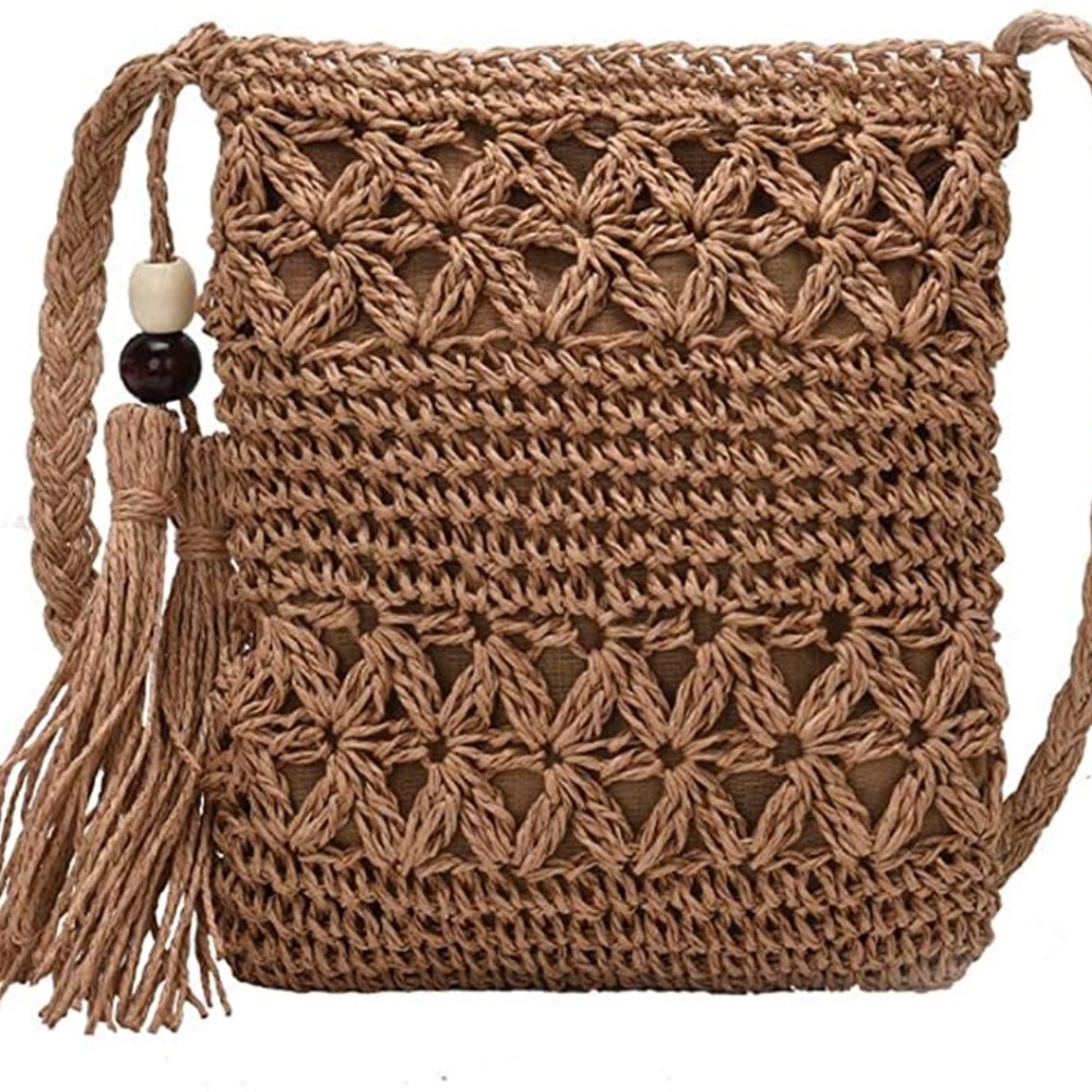 Straw Crossbody Bag for Woman, Summer Beach Handwoven Shoulder Handbag with Tass